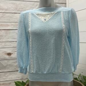 Vintage NWT ILGWU Lace Lightweight Knit Crochet Weave Boat Neck Baby Blue Medium